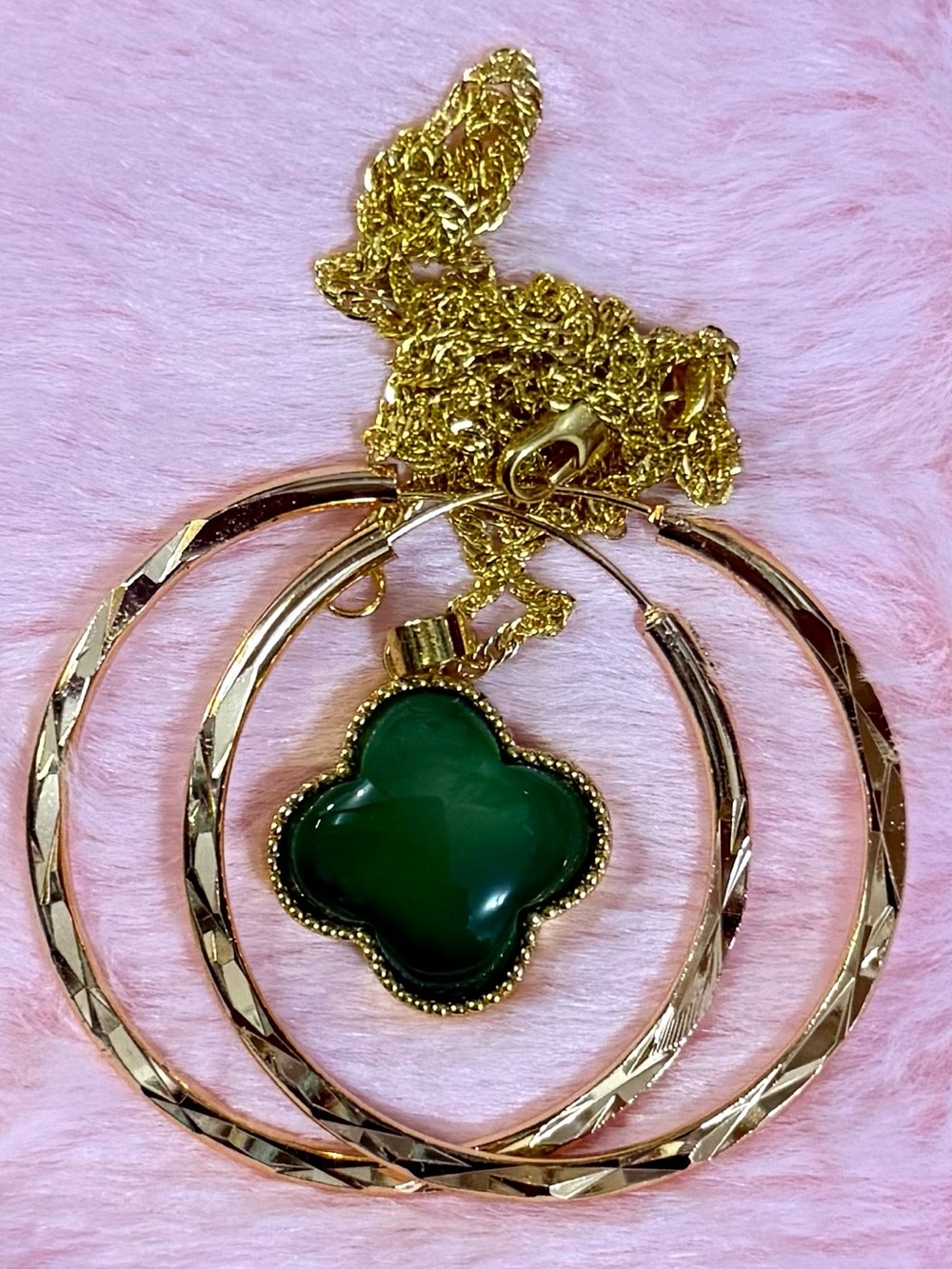 Natural Green Agate Jade Four Leaf Clover Pendant, 18K Gold Filled Hoop Earrings